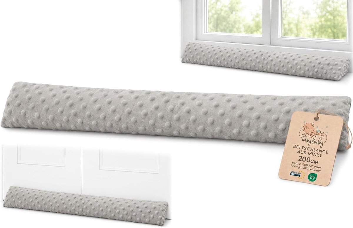 SnelShoppen - Draught Stopper 200 cm - Isolerende Deur- en Raamafdichter - Decoratieve Minky Oeko-Tex - Lichtgrijs - Ideaal voor Voor- en Achterdeuren