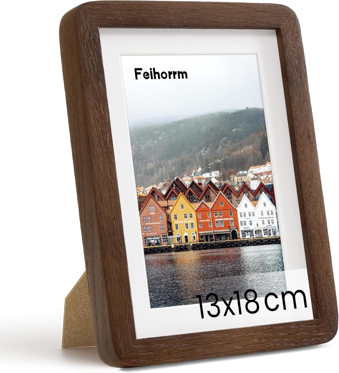 SnelShoppen - Houten Foto Lijst 13x18 cm - Eiken Hout - Met Gehard Glas - Donkerbruin - Voor 9x14 cm Foto's Met Passe-Partout - Perfect voor Thuis en