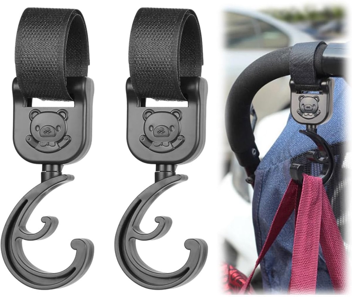 SnelShoppen - 2 Multifunctionele Haken voor Kinderwagen - Duurzaam en Robuust - Zwart met Teddybeermotief - Ideaal voor Boodschappentassen en Luiers -