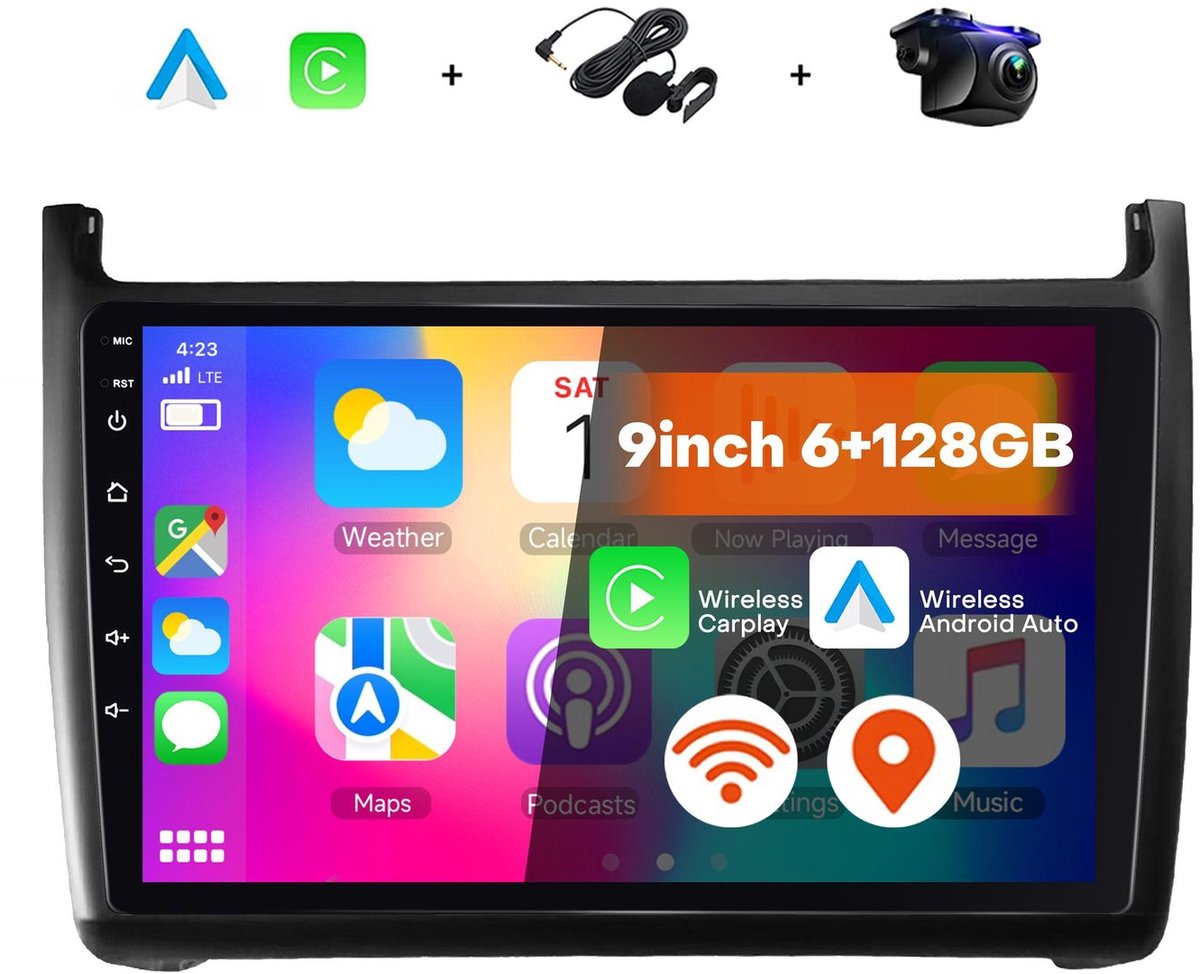 Boscer 2 Din Android 15 Autoradio - Geschikt voor Volkswagen Polo (2011-2016) - Draadloos Apple CarPlay & Android Auto - 6+128GB - 9 Inch HD Touchscreen - GPS Navigatie - WiFi, Bluetooth & USB - Achteruitrijcamera & Microfoon