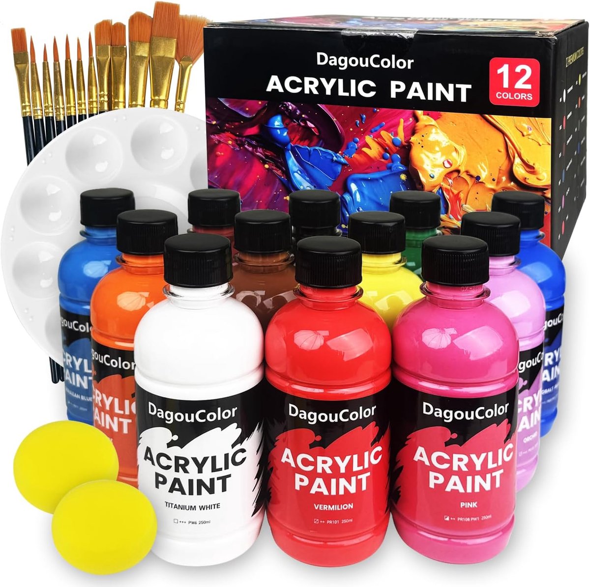 SnelShoppen - 27PC Acrylverf Set - 12 Kleuren 250ml - Inclusief 12 Kwasten, Palet en Spons - Premium Kunst Benodigdheden voor Beginners en Professiona