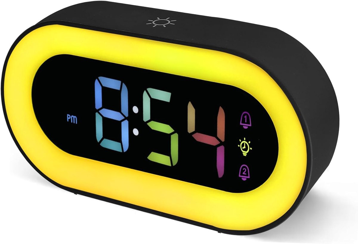 SnelShoppen - Kids Alarm Clock op Batterijen, Oplaadbare Dubbele Wecker met 9 RGB Nachtlicht, 18 Melodieën, Snooze Functie, 12/24 Uur voor Kinderen en