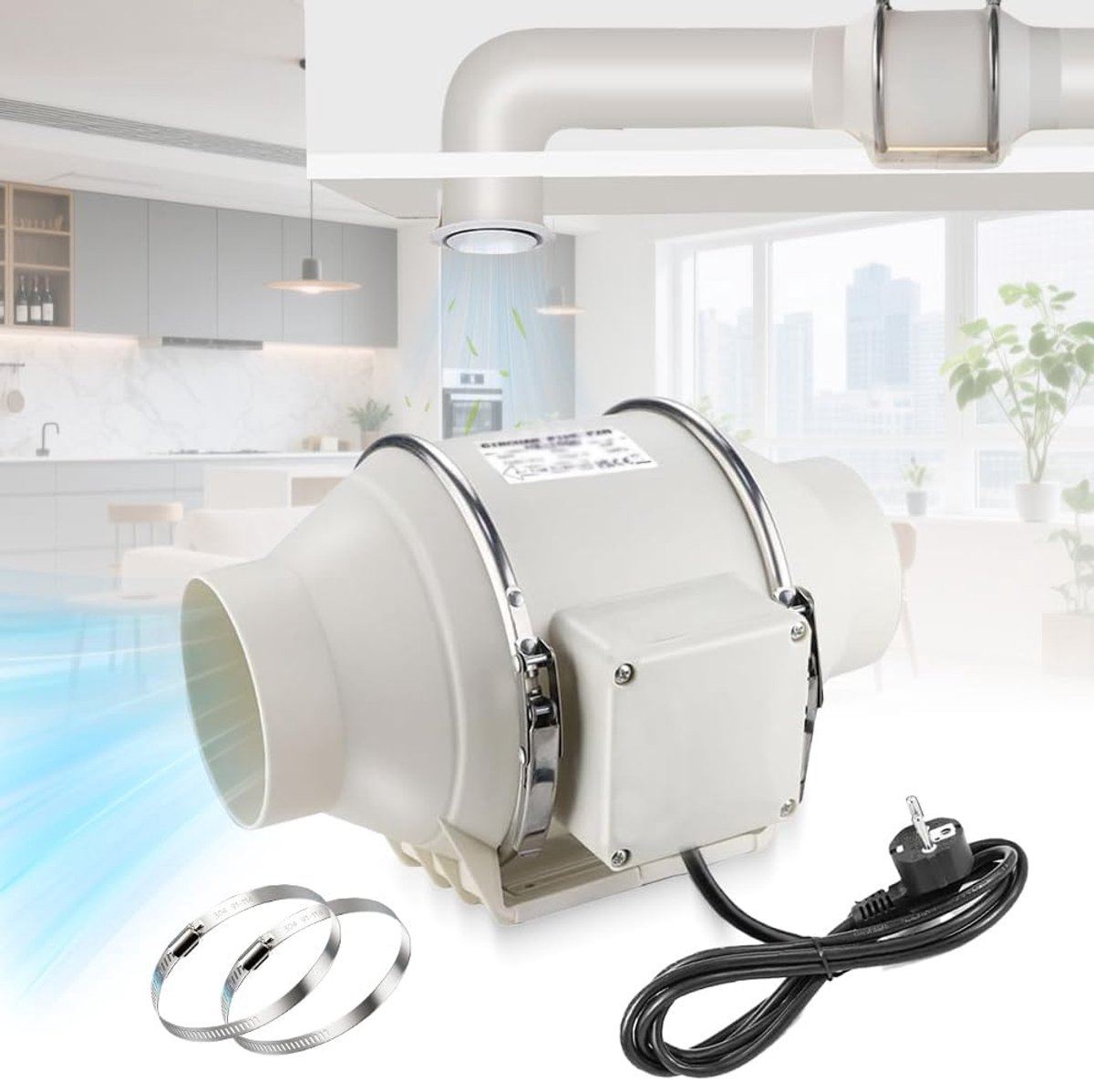SnelShoppen - 100 mm Tube Ventilator, Afzuiger tot 220 m³/h, Verstelbare Badkamer Ventilator met 0.7 m Snoer, Ideaal voor Kelder, Garage en Ventilatie