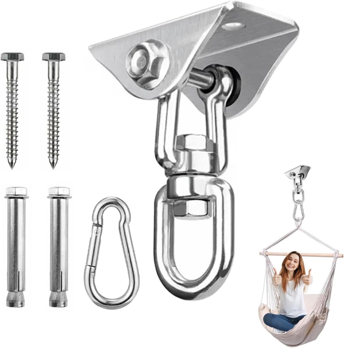 SnelShoppen - Duurzame Plafondhaak 360° Draaibaar voor Hangstoelen, Schommels, 450 kg, Roestvrij Staal 304, Karabijnhaak voor Veranda, Fitnessstudio,