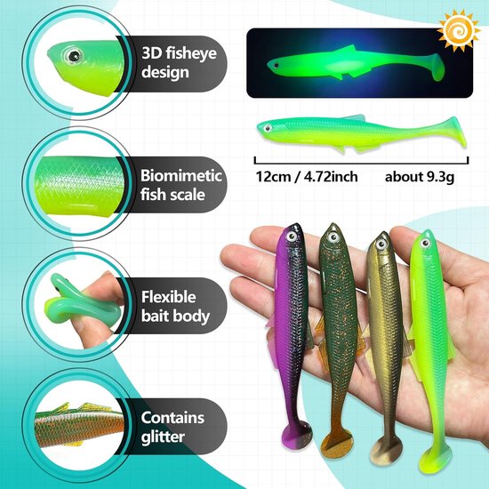 SnelShoppen - Rubber Bait Zander Set 12cm - 4 Stuks UV Actieve Zander & Snoekbaars Aas - Perfect Voor Zoetwatervissen - Realistische Beweging van Snelshoppen — afbeelding 5