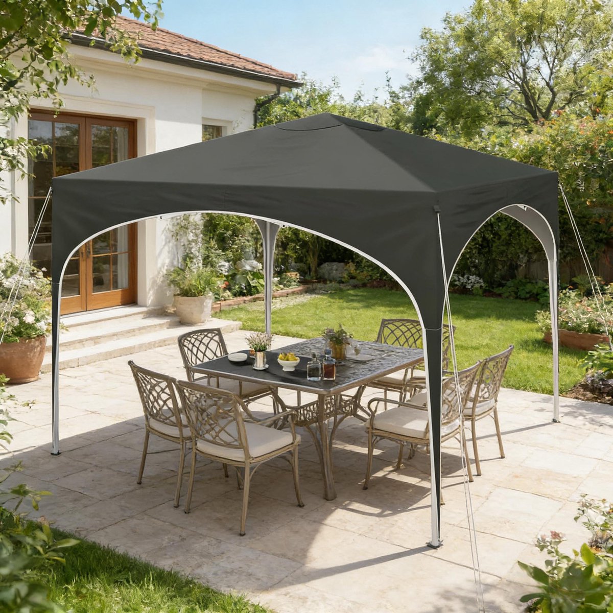 MIVRAY Partytent – 3 x 3 m Opvouwbaar Paviljoen met Verstelbare Hoogte – Metaal en Oxford 210D – Grijs – Voor Tuin en Terras