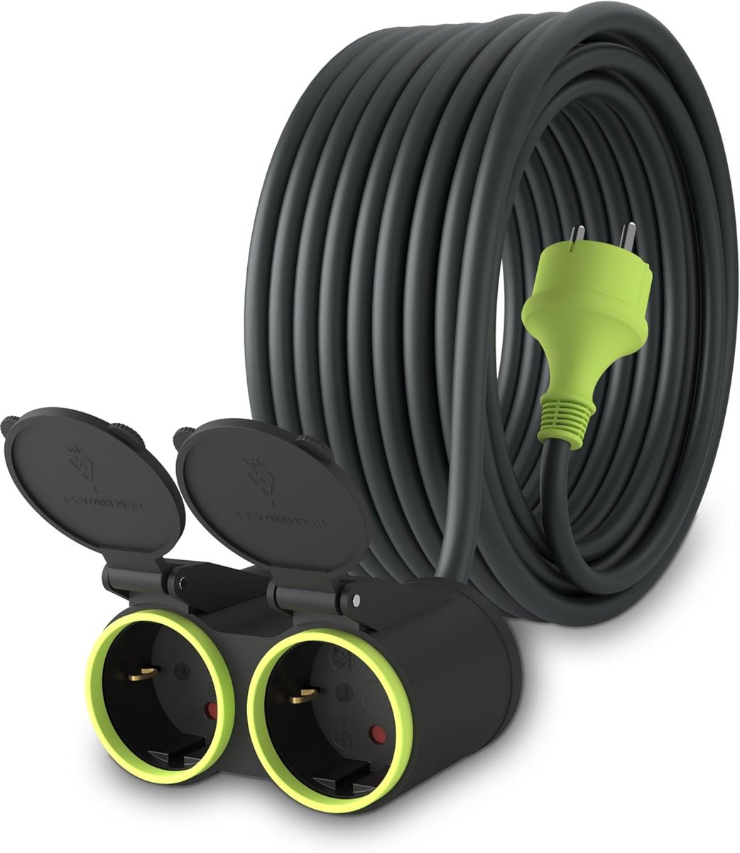 SnelShoppen - 15 m Verlengsnoer met 2 Schuko Stopcontacten IP44 voor Buiten Gebruik - Robuust Waterdicht H05RR-F3G 1.5mm² Tuin en Industrie - Zwart/Gr
