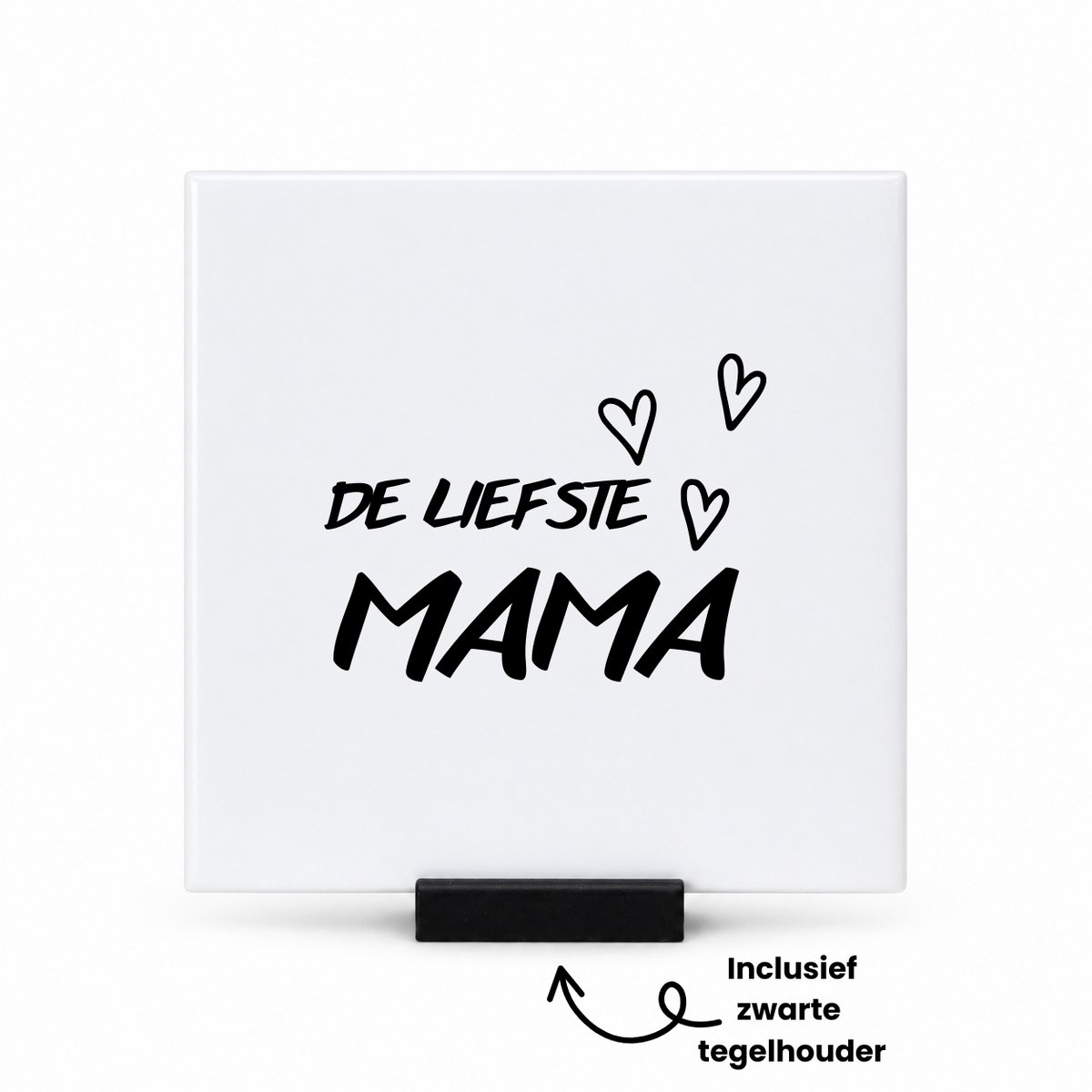 Hacebo De liefste mama met 3 zwarte hartjes tegeltje met tegelhouder - Moeder - Liefste mama - tegeltjes met tekst - moederdag cadeautje - Cadeau voor mama - Verjaardag - Geschenk - Cadeau - Gift - spreuktegels - 10.8x10.8 CM Wit