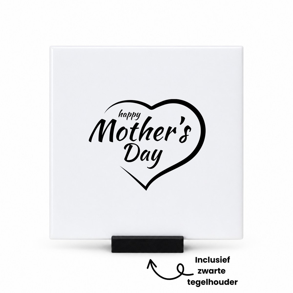 Hacebo Happy mothers day in zwart hart tegeltje met tegelhouder - Moeder - Happy mother - tegeltjes met tekst - moederdag cadeautje - Cadeau voor mama - Verjaardag - Geschenk - Cadeau - Gift - spreuktegels - 10.8x10.8 CM Wit