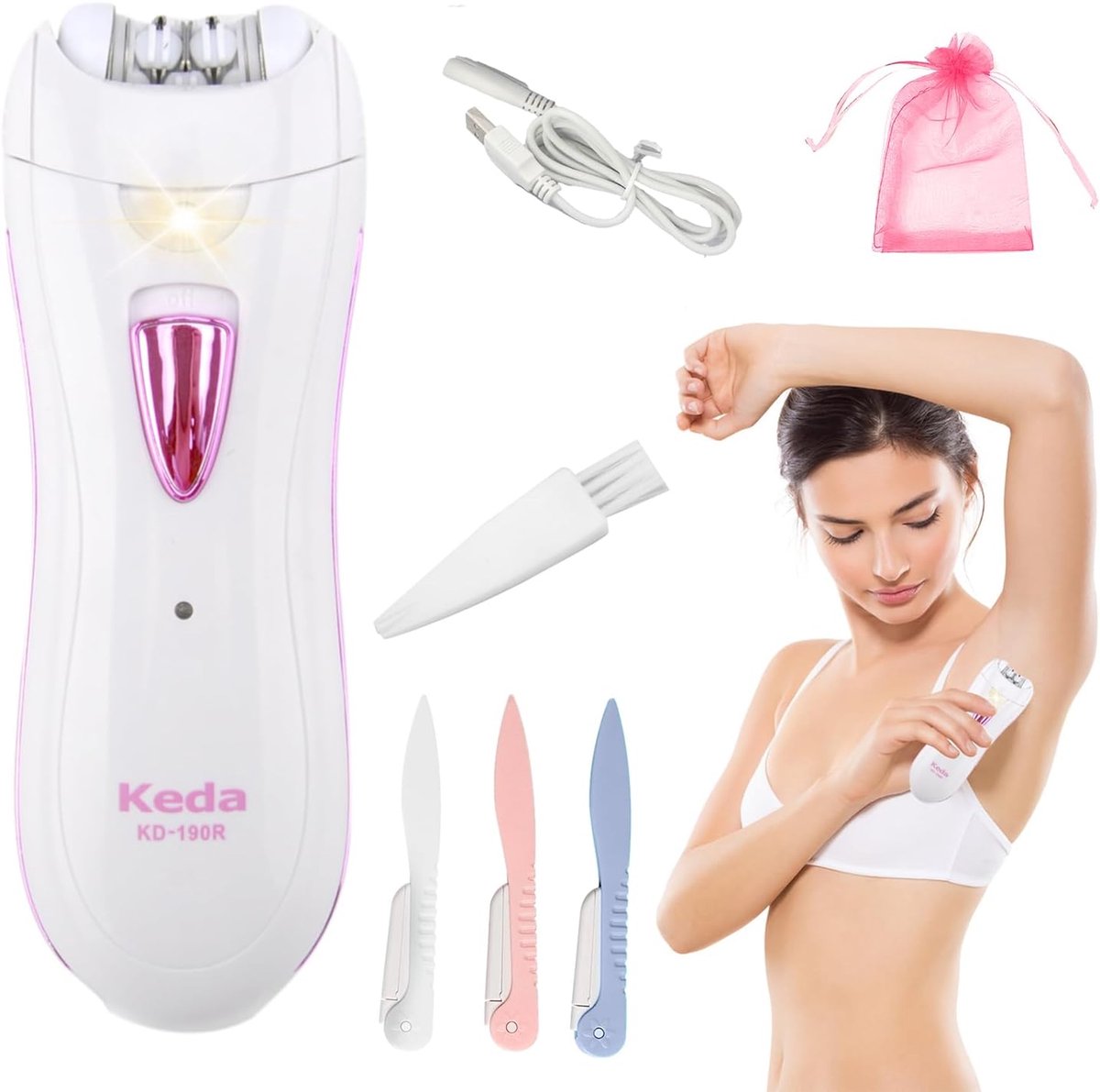 SnelShoppen - Draadloze Mini Epilator voor Vrouwen - Effectieve Gezichts- en Lichaamshaarverwijderaar met LED Licht - Inclusief Bikinitrimmer voor Gez