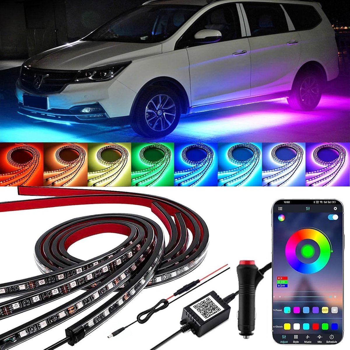 SnelShoppen - 4 Stuks Auto Onderlicht Kit App Afstandsbediening Multicolor LED Verlichting voor Auto's, Trucks en SUV's, Waterdichte RGB Lichtstrips m