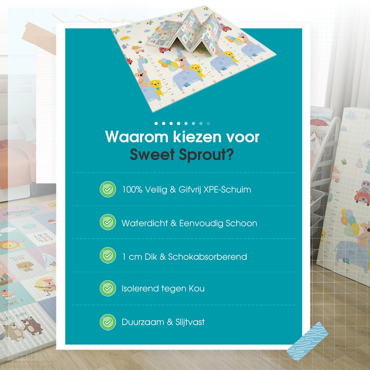 Sweet Sprout Speelmat – Speelkleed - Kinderen – Boxkleed - Babygym - Zachte Kruipmat met dieren – Speelmat foam - Baby - Opvouwbaar - Babyshower - 150x200cm - Inclusief opbergtas — afbeelding 3