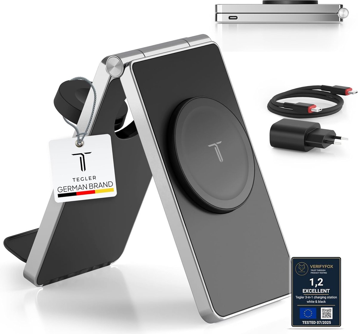 SnelShoppen - Opvouwbaar 3 in 1 MagSafe Charger - iPhone Oplaadstation voor iPhone 16, 16 Pro, 16 Pro Max, 15, 14, 13, AirPods en Watch - Draadloze Op