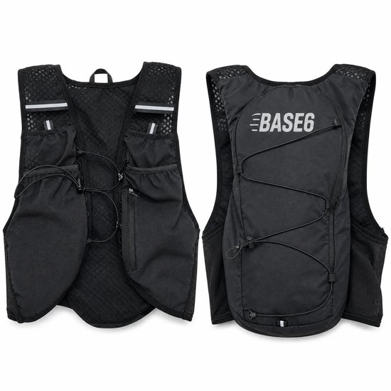 Gilet de course noir BASE6, avec porte-bidon et poche pour téléphone, avant et arrière.
