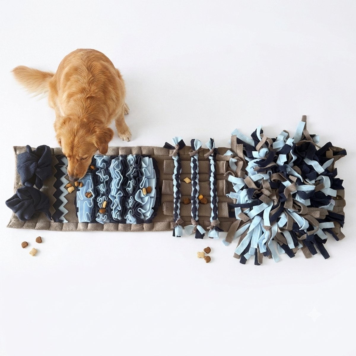 Snuffelmat voor honden en katten. Snuffelmat in de kleuren taupe, lichtblauw, donkerblauw. Hersenwerk voor huisdieren. Snuffelkleed - Speelkleed - Voerkleed - Hondenpuzzel - Voerpuzzel - Slowfeeder - Intelligentie speelgoed- ShukoSnuff by MadeByShuko
