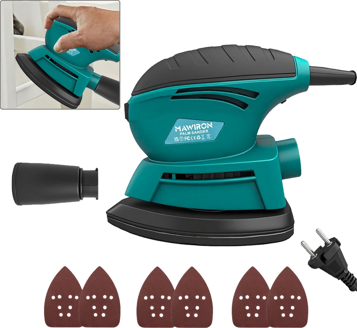 Elektrische handzandmachine met EU‑stekker, stofafvoerslang en 6‑delige schuurpapier set, compacte palm‑sander voor hout, metaal en renovatieklussen