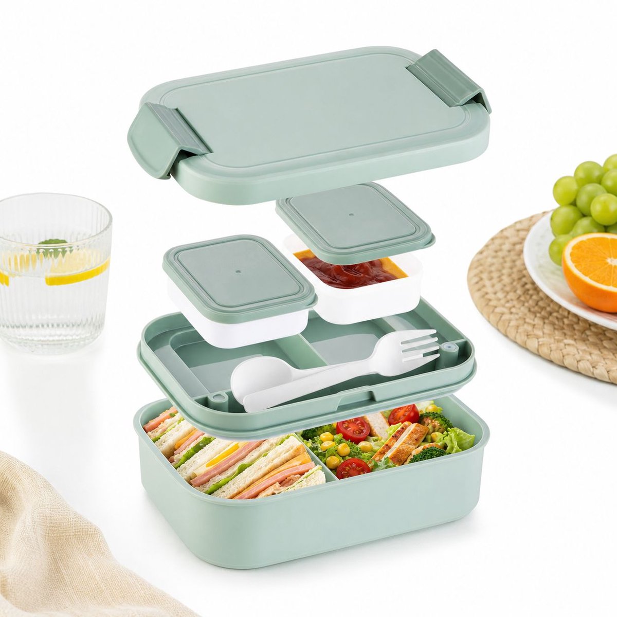VHV - Broodtrommel - Lunchbox - Lunchbox met Vakken - 23x15x8 cm - Groen - Inclusief Bestek & Sausbakjes - Lekvrije Broodtrommel voor School & Kantoor - BPA-vrij - Grote Lunchcontainer