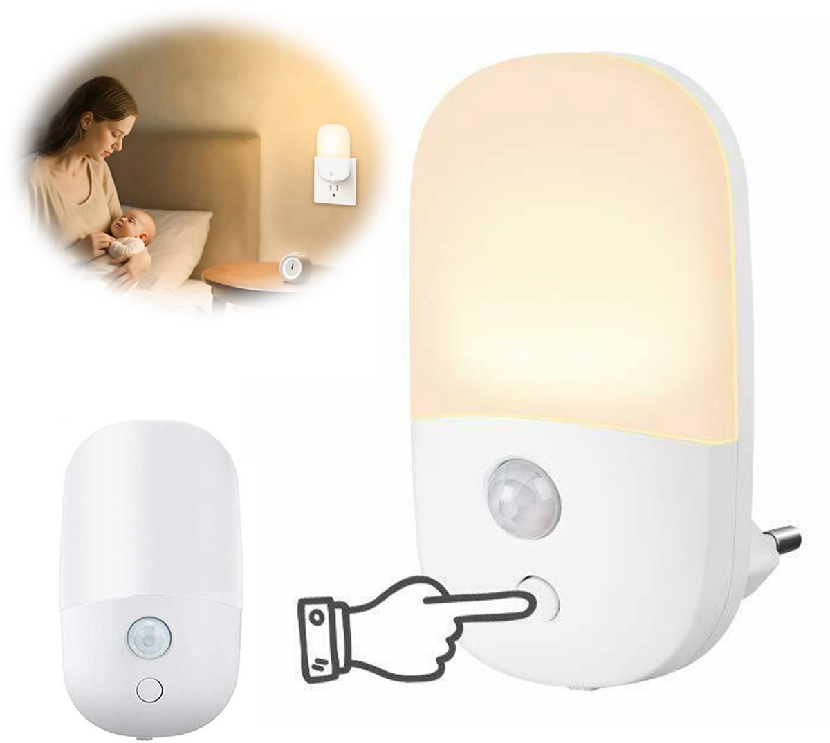 Nachtlampje Voor Wandmontage - Dimbaar LED-Nachtlampje - Stekkerbare Nachtlamp Met Schemersensor & Bewegingssensor