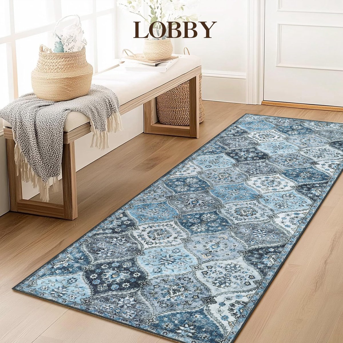 Gangloper - 80x150cm - Wasbare boho-tapijten antislip laagpolig opvouwbaar bloemenpatroon voor binnen - Grijsblauw