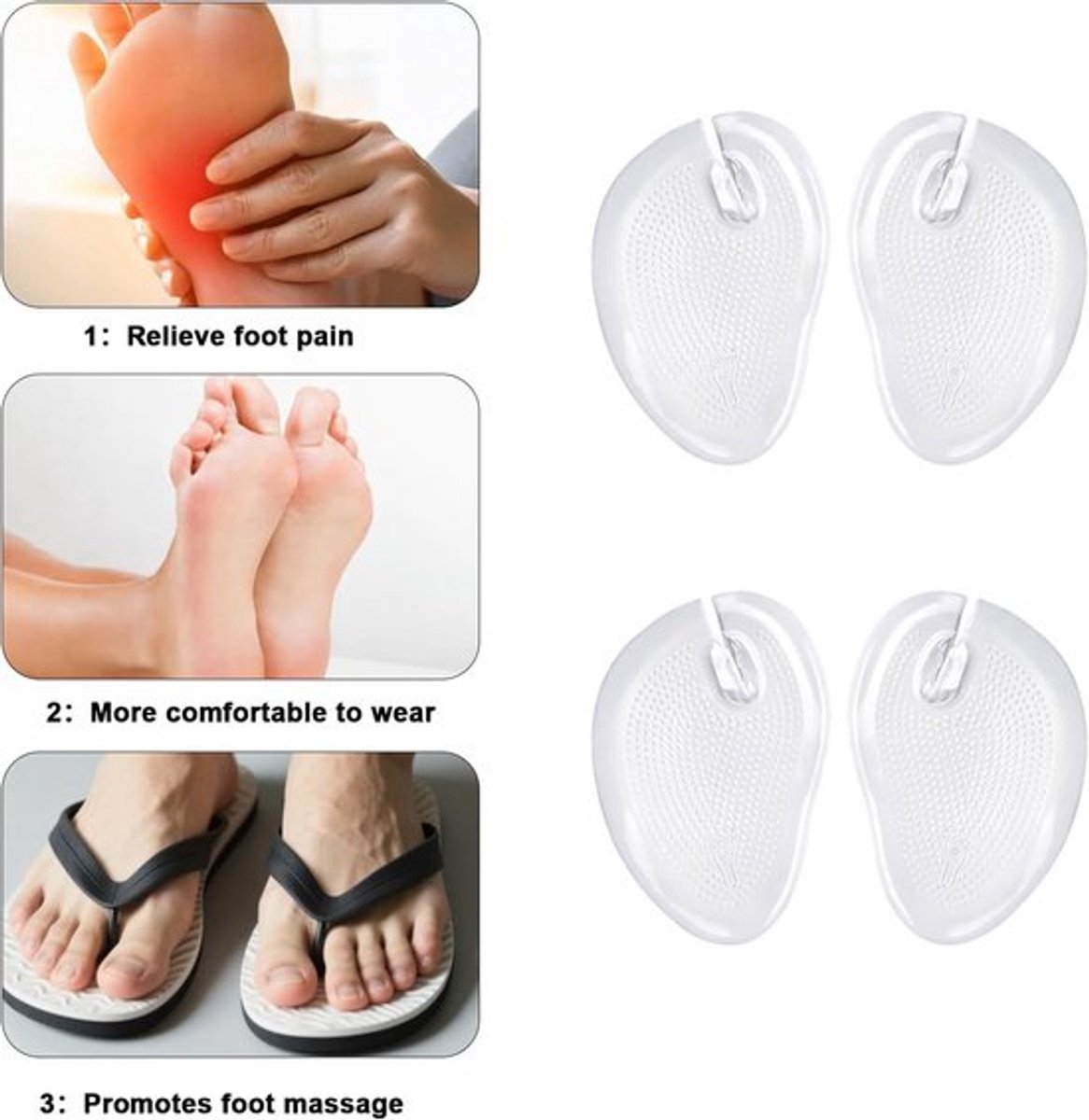 3 paar - Voorvoet Gel Inlegzolen Voor Slipper - Anti-Slip Inlegzool Slippers - Steunzooltjes Voorvoet - gel teenbeschermers - antislip voorvoet kussentjes - transparant - 6,6×9,5×1,6 cm - voor schoenen met tenen - Comfortabel lopen met teensandalen