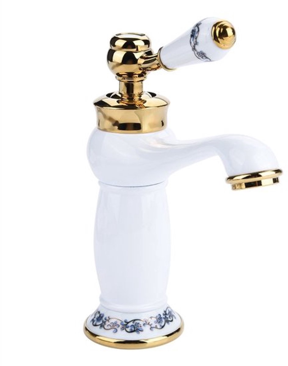 Antiek Messing Keramische Badkamer Wastafelkraan Blauw Wit Porselein, Lange Nek Wastafelkraan, Keuken Kraan, Koud/Warm Water Kraan, Kraan (Wit)