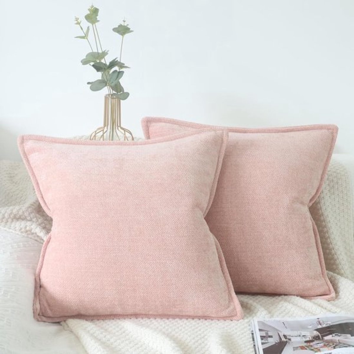 Set van 2 kussenslopen - luxe en decoratief - 40 x 40 cm - roze - chenille