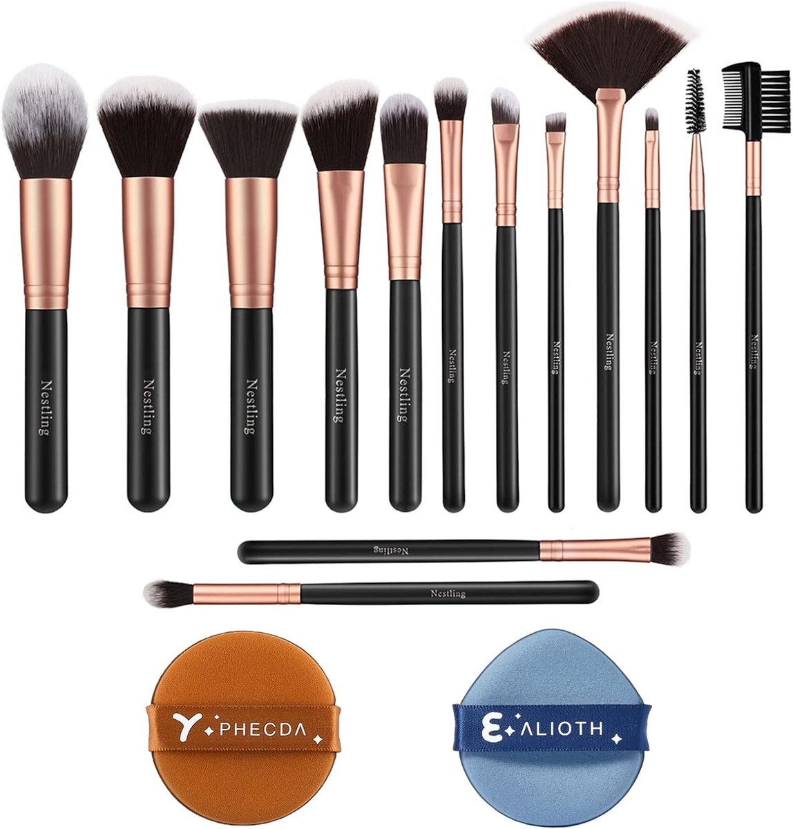 Thijox - 14 Stuks Make-up Borstels Set Roségoud met 2 Poeder Puffs - Premium Synthetische Kabuki Borstels voor Foundation, Gezicht, Poeder, Blush, Eye