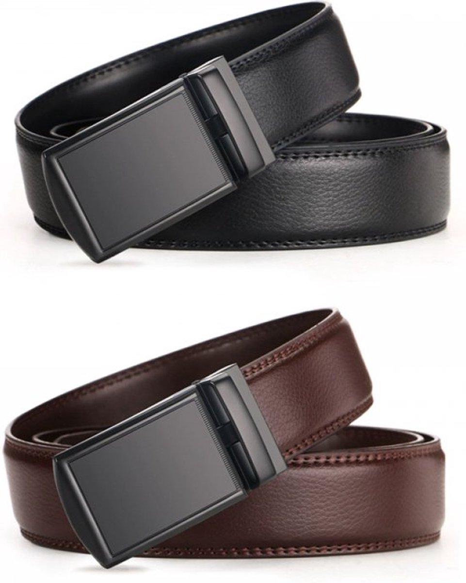 Riemen met metalen gesp - Broekriemen - Verpakking van 2 - Zwarte riemen voor heren - Zware werkriemen voor heren - Leren riemen - Verstelbare Riem zonder Gaatjes - Heren Riem - Lederen Riem - 130cm