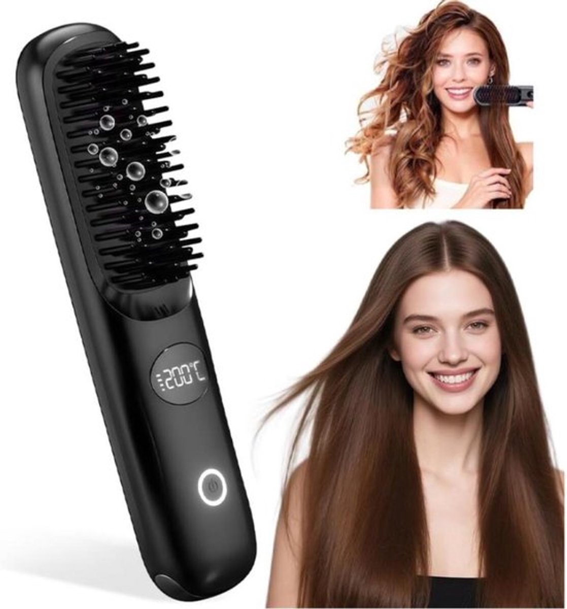 Draadloze Stijlborstel - Warmte Borstel - Stijlborstel met Led-display en 3 Warmtestanden - Anti-verbranding - Draagbare stijltang Snelle Opwarming voor Haarstyling - voor Dames en Heren - Elektrische haarborstel - Zwart