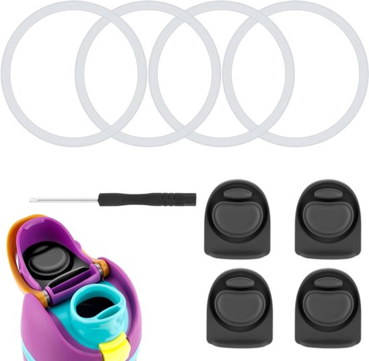 4 Stuks Vervangende Stoppen met 4 Flessen Grommets voor O-Ring Waterflesdeksels - Silicone en Plastic Accessoires voor 19/24/25/32/40oz Flessen