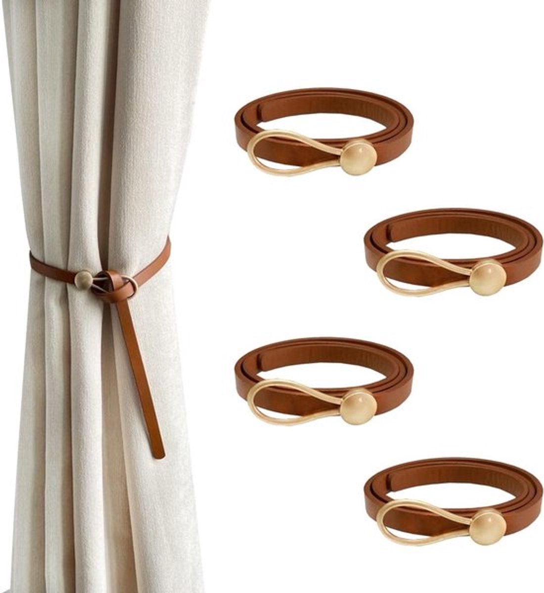 Gordijnstrikken van leer, 4 minimalistische gordijnstrikken van leer, raamdecoratiehouders, housewarmingcadeau, moderne woonaccessoires (bruin)