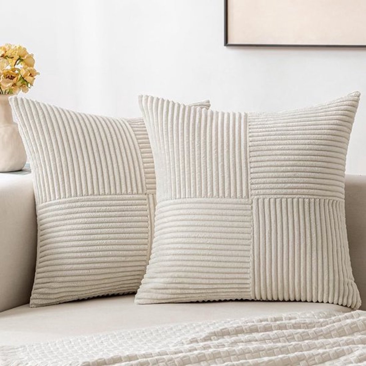 Set van 2 Kussenslopen 60 x 60 cm - Corduroy Kussenhoezen voor Woonkamer, Slaapkamer en Balkon - Beige Decoratief
