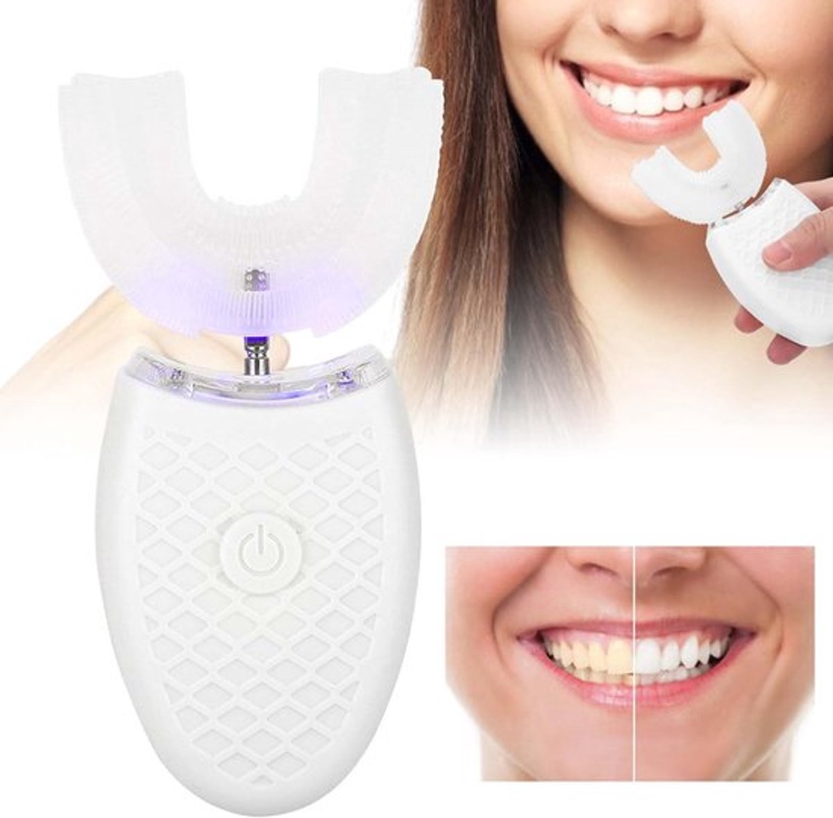 Tandenborstel voor volwassenen, U-vormige ultrasone tandenborstel, slimme automatische whitening-tandenborstel, 4 snelheidsinstellingen, IPX7 waterdichte tandenborstel (wit)