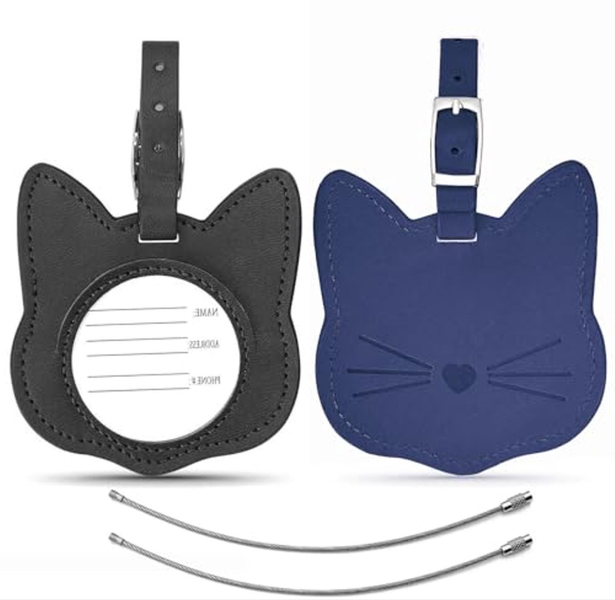 2x Kofferlabel - Bagagelabel - Reislabel - Adreslabel - Luggage tag - Kattenvorm - Katten - Imitatieleer - 8x8 cm - Zwart en blauw - Jonyx