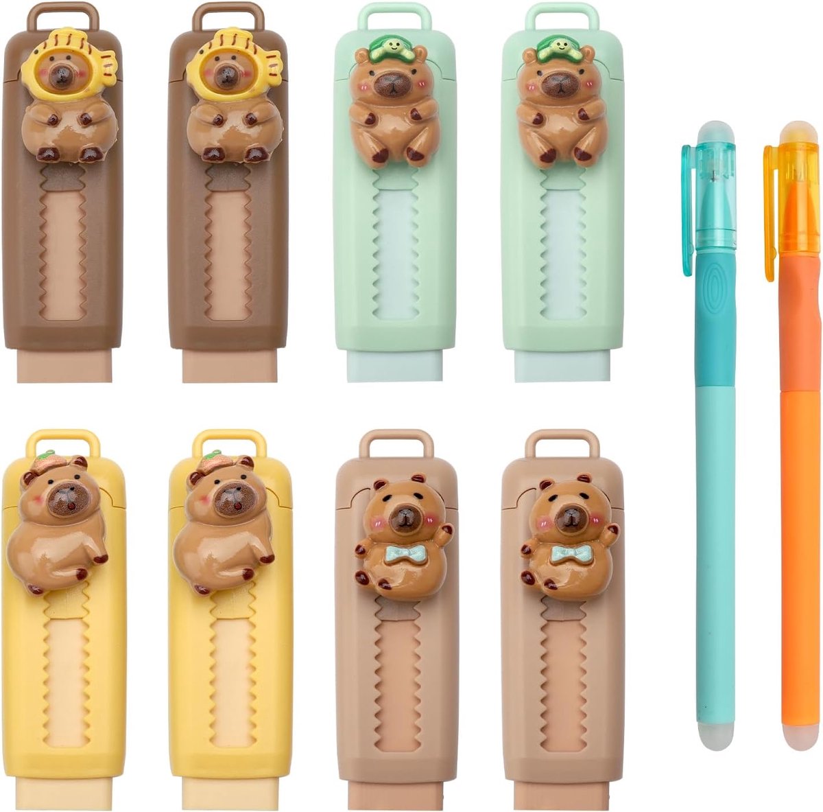 Thijox - Push-Pull Uittrekbare Gummen Set van 8 + 2 Uitwisbare Inktpennen, Schoon Wissen zonder Strepen, School en Kantoor Benodigdheden, Kinderen, Sc