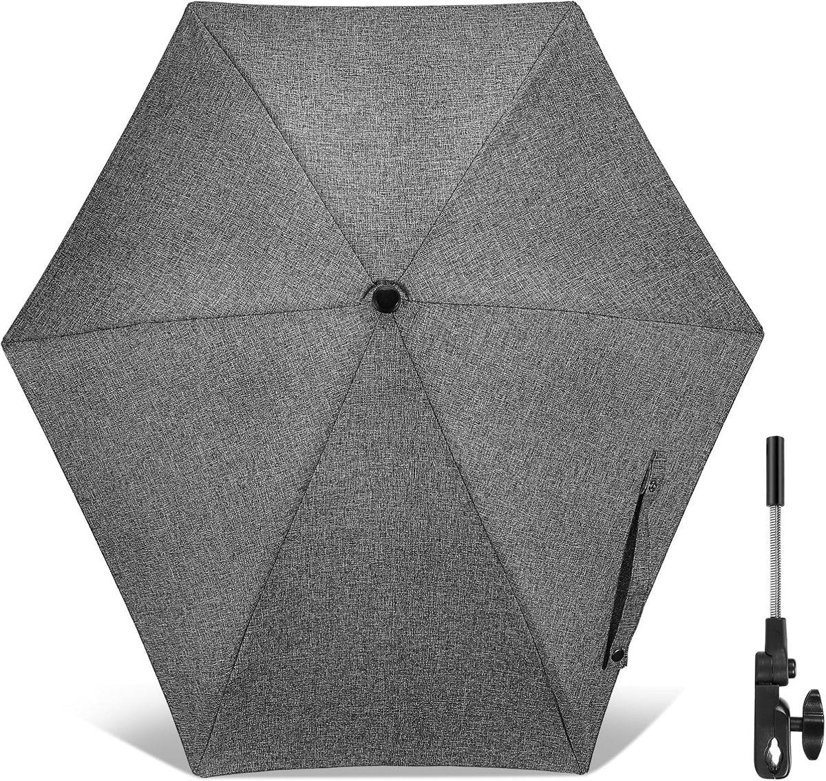 SnelShoppen - UPF 50+ Parasol Kinderwagen & Buggy, Zonwering met Verstelbare Klem, Diameter 78 cm, UV-Bescherming voor Ronde en Ovale Buizen, Grijs
