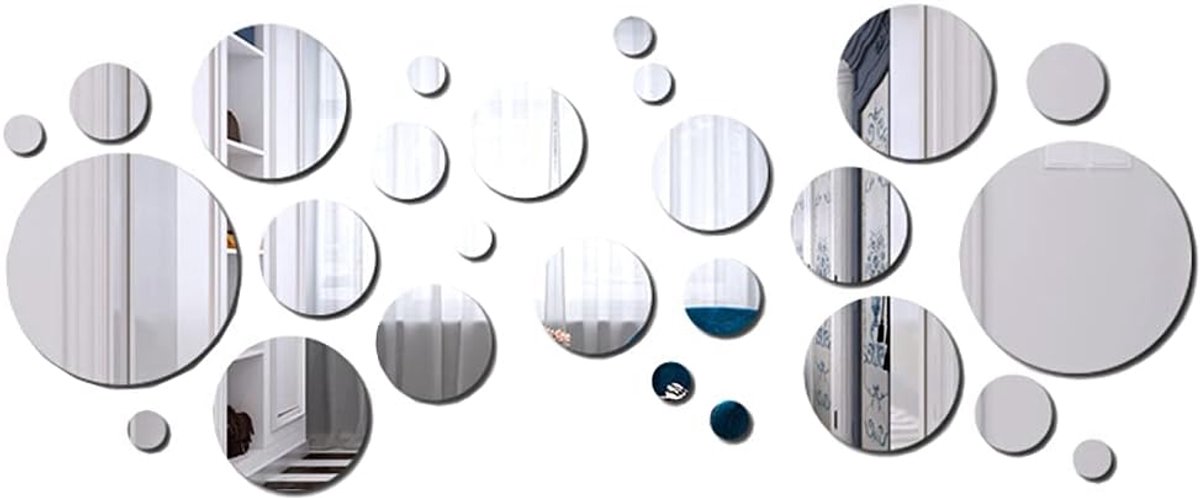 Thijox - 32 Stuks Ronde Cirkelspiegels DIY Zelfklevende Spiegelstickers Zilver Muurdecoratie voor Woonkamer, Kinderkamer, Deur, Ramen, Kasten, Feest