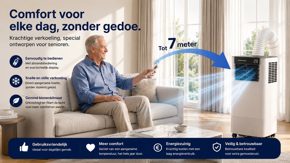 Temprium mobiele airco 7000 BTU SMART - Met afvoerslang - Draagbare Airco met App Bediening – 3 in 1 Koelen, Ventileren & Ontvochtigen – Airco Voor Slaapkamer en Woonkamer – Inclusief Raamkit — afbeelding 7