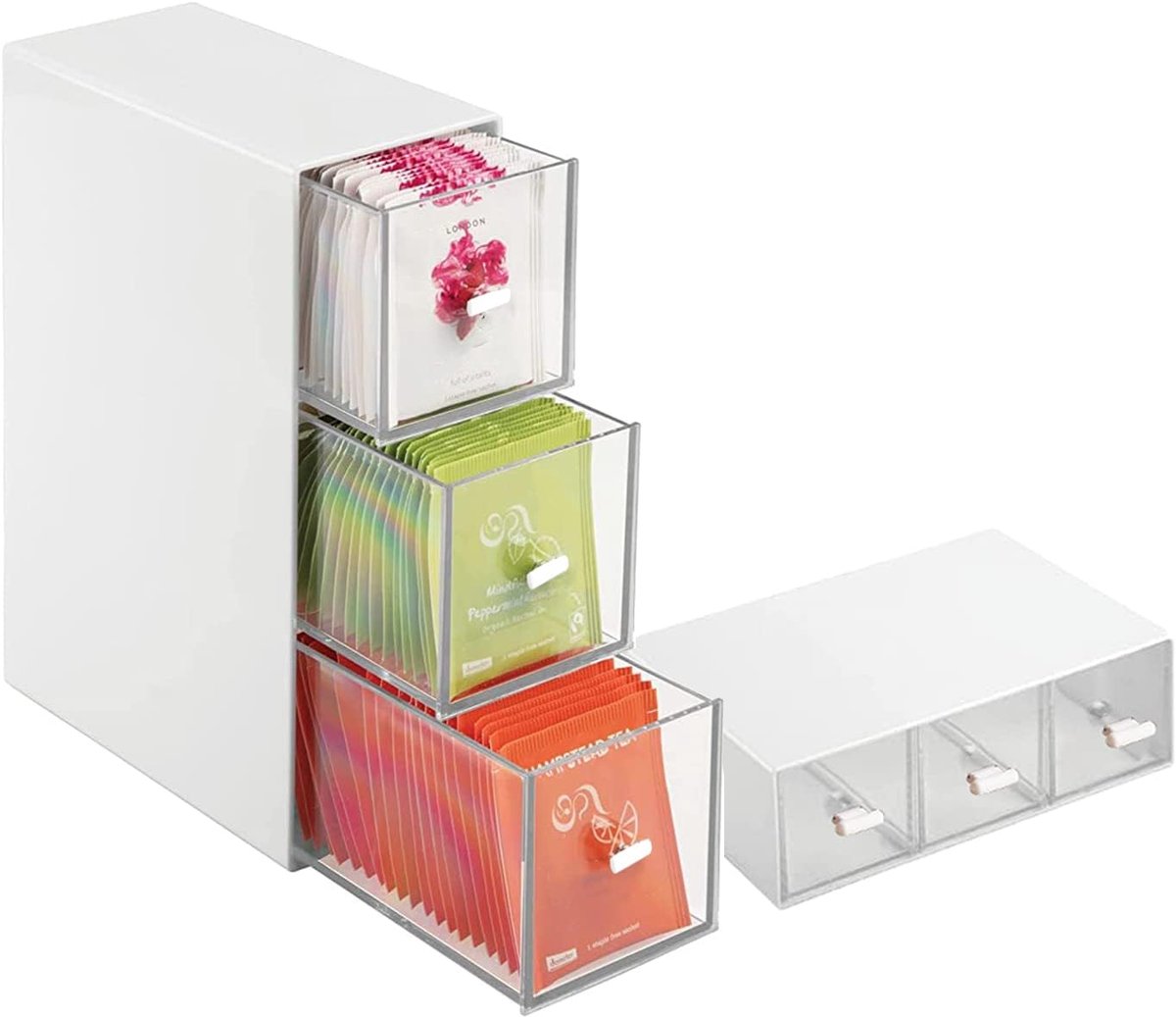 Thijox - Plastic Theedoos met 3 Lades - Stevige Opbergdoos voor Keuken - Countertop Organizer Storage Station - Ideaal voor Koffie, Thee, Suikerzakjes