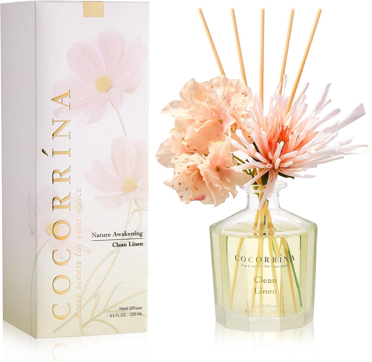 SnelShoppen - Reed Diffuser Set Clean Linen 250ml met 8 Sticks - Geurverspreider voor Woonkamer, Slaapkamer, Kantoor en Badkamer - Decoratieve Geur vo