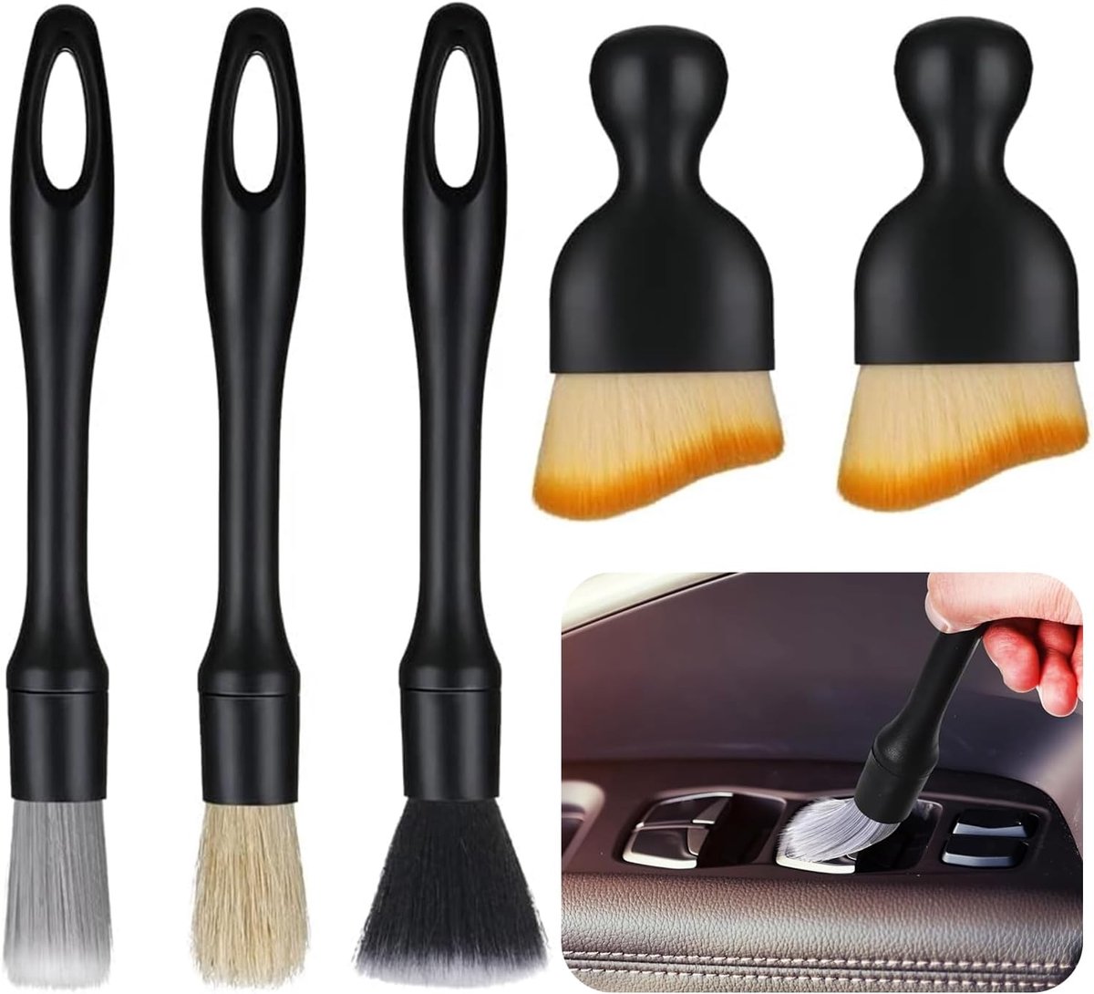 SnelShoppen - 5 Stuks Auto Detailborstels, Zachte Reinigingsborstels voor Auto Interieur, Stofborstels, Geen Krassen, Duurzaam Plastic, Flexibele Bors