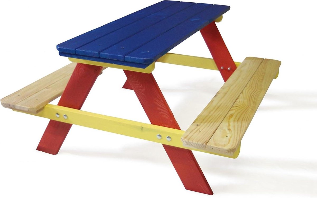 Kinderzitje Houten Bankje - Picknick Tafel - Buiten Spelen - Voor Vier Kinderen - L90 x D85 cm - Multicolor