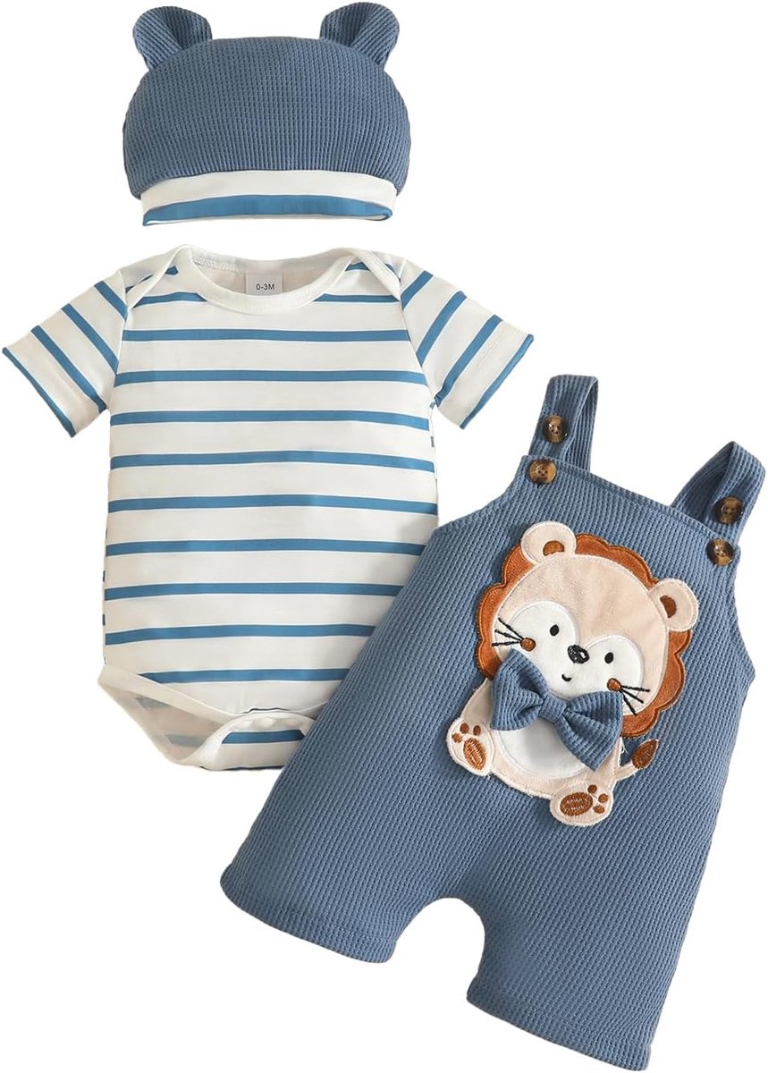 SnelShoppen - Baby Jongens Lange Mouwen Gestreepte Top Dinosaurussen Print Jumpsuit Verstelbare Schouderbanden Katoen Comfortabel voor Feest en Speelp