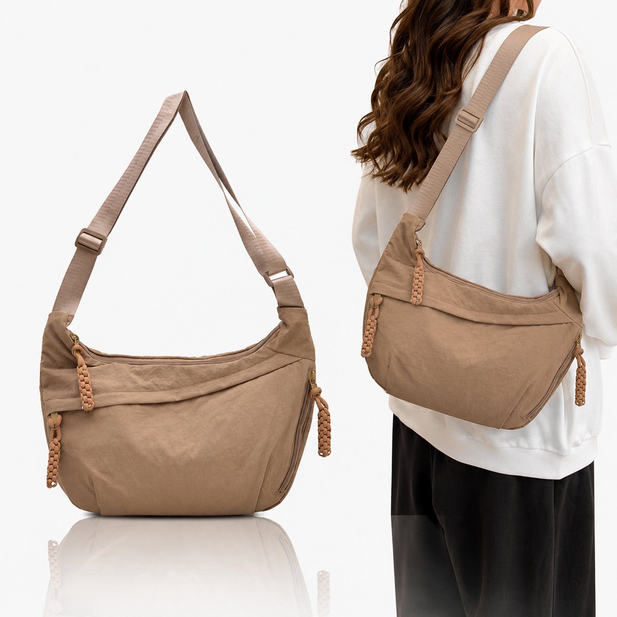 Tas-Modieuze Crescent Crossbody Tas -Dames heuptasje-Nylon Schoudertas Dames - Lichtgewicht Hobo Bag voor Dames - Dumpling Tas voor Reizen en Outdoor - Multifunctionele Handtas met Gesp - kaki