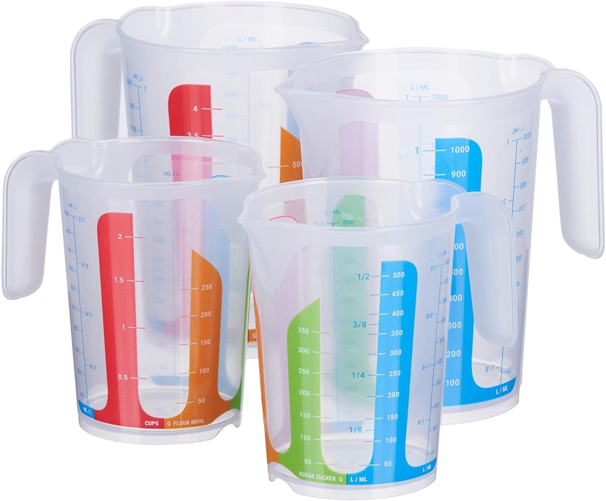 SnelShoppen - Set van 4 Kleurrijke Maatbekers 0,5L & 1L - Suikerbekers voor Koken en Bakken - Premium Kwaliteit - Ideaal voor Kinderen en Glazen Taart