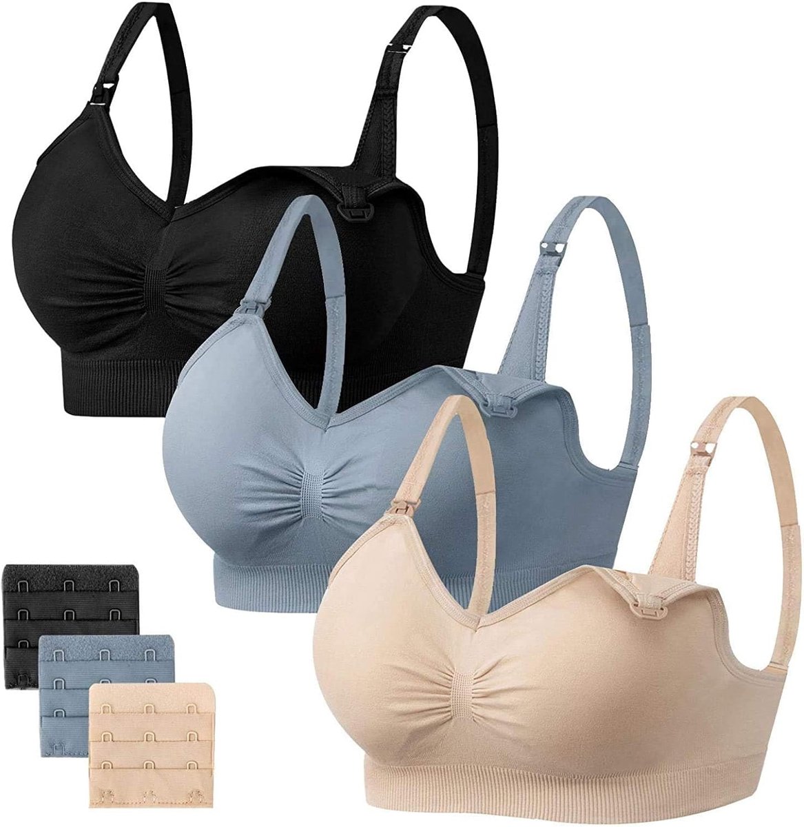 SnelShoppen - 3 Pack Draadloze Naadloze Voedingsbeha's voor Vrouwen - Comfortabele Borstvoeding BH's met Verwijderbare Pads en Extenders - Zacht en Ad