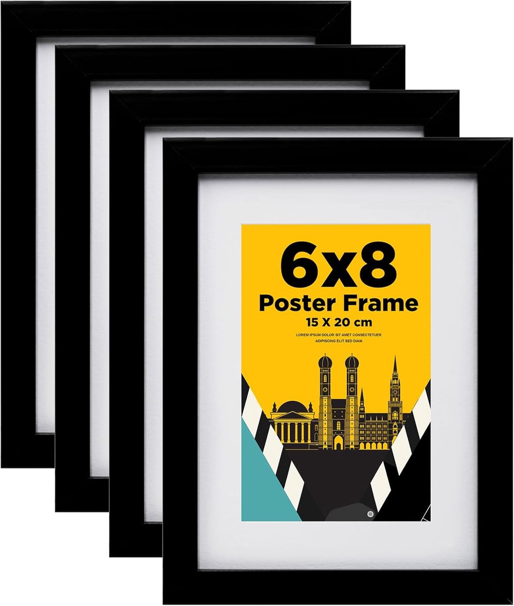 SnelShoppen - Fotolijst 15 x 20 cm, zwarte houten lijst met acrylglas, tafel- en wandmontage, 10 x 15 cm passe-partout, set van 4, perfect voor thuis