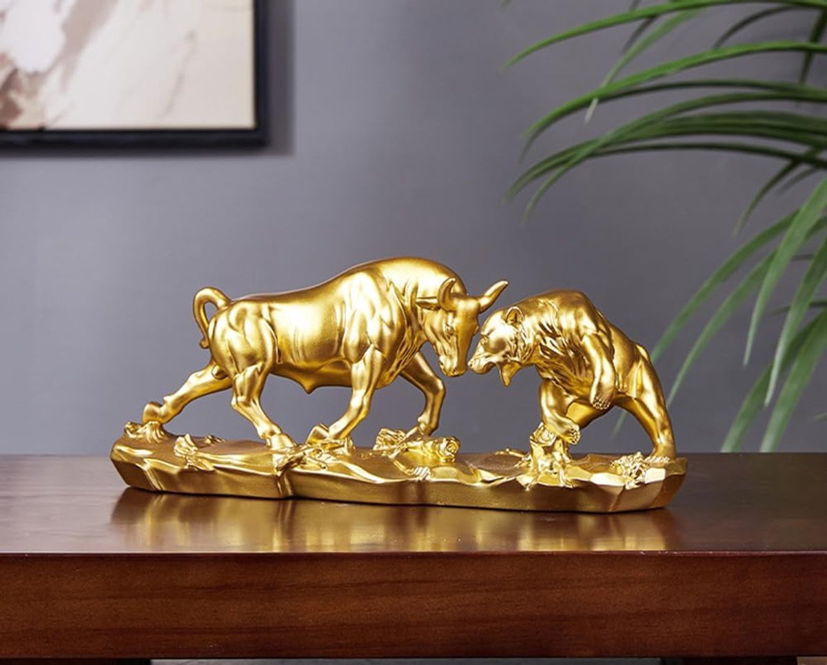 SnelShoppen - Bull and Bear standbeeld abstract tafelblad decor, goud hars, aandelenmarkt, gift voor financiële beleggingsmanagers en investeerders