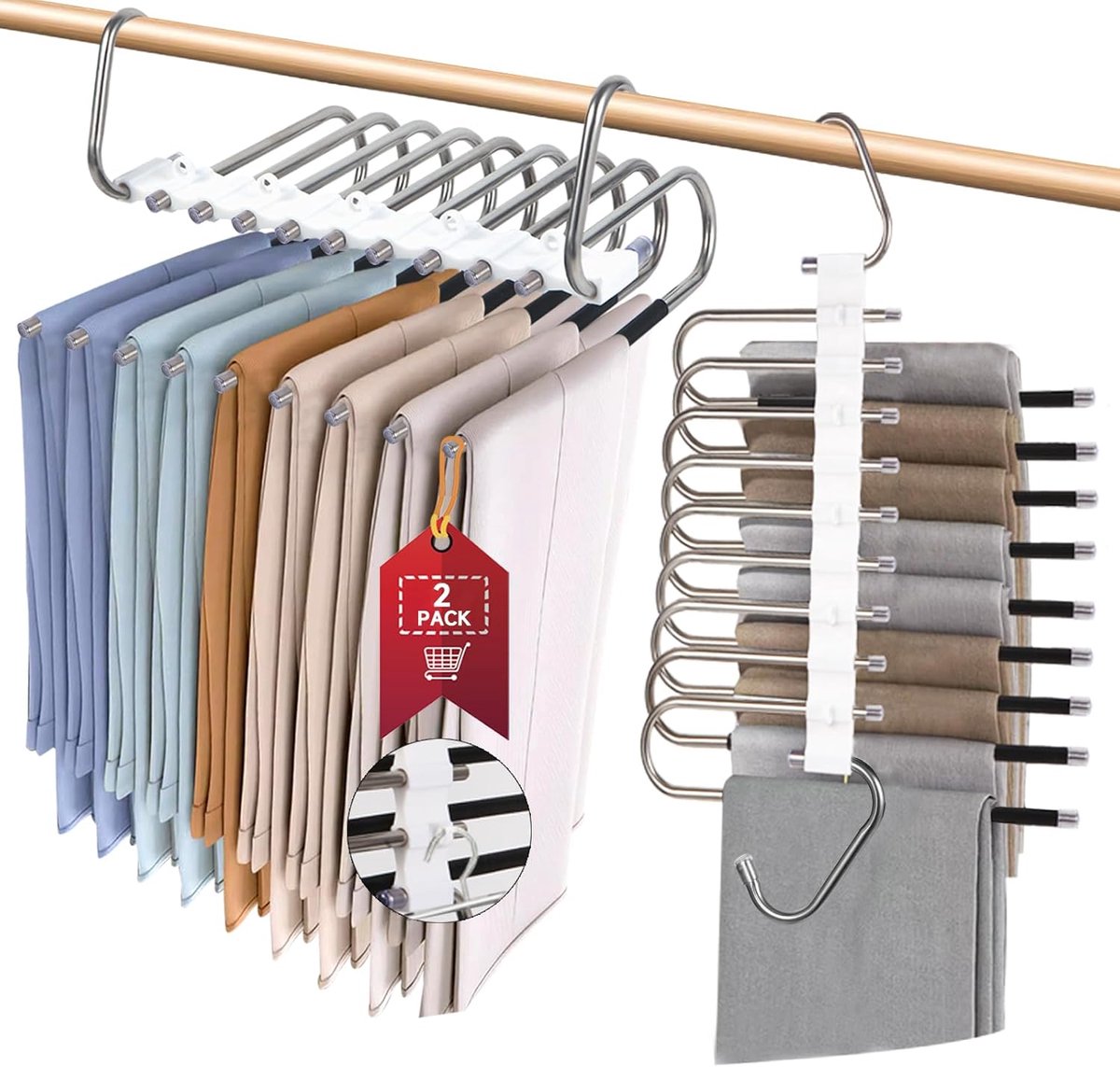 SnelShoppen - 9-laags broekhangers 2-pack - Ruimtebesparend antislip roestvrij staal - Multifunctioneel S-type kastorganizer met haken voor leggings e