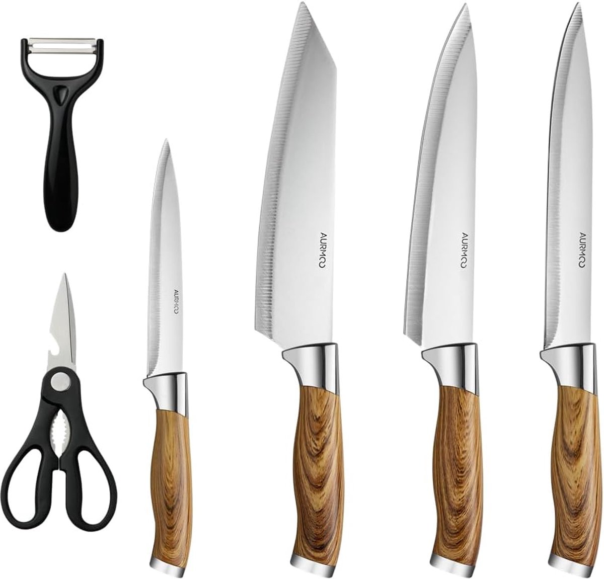 SnelShoppen - 6-Delige Keukenmessenset, Professionele Roestvrijstalen Koksmessen Set met Schilmes en Keukenschaar, Perfect voor Koken en Bereiden van